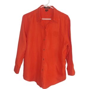 Lauren Ralph Lauren Linen Button-Down 3/4 Sleeve Orange-Red Crest Blouse…